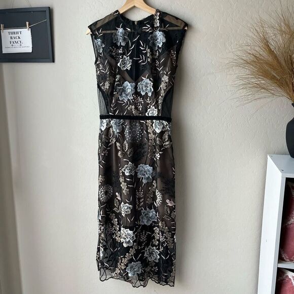 Bronx‎ & Banco Black Sheer Mesh Floral Embroidered Sheath Cocktail Dress Size 4 - Picture 2 of 10